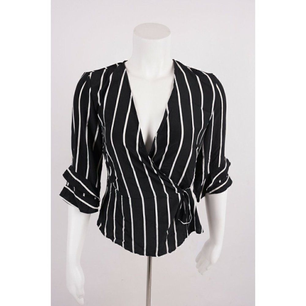 Bershka Women's Crossover Wrap Shirt S Black Striped 3/4 sleeve 0727/880 NWT